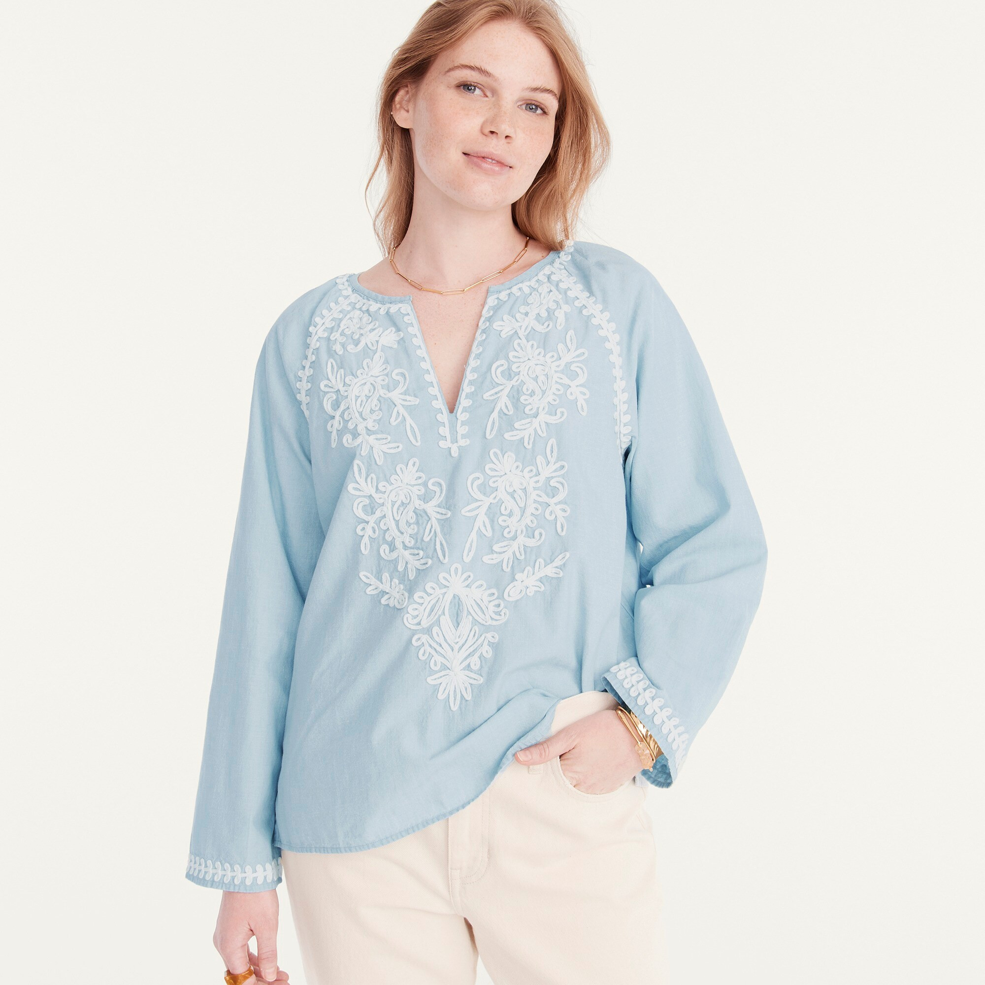 Chambray V-neck top with embroidery | J. Crew US