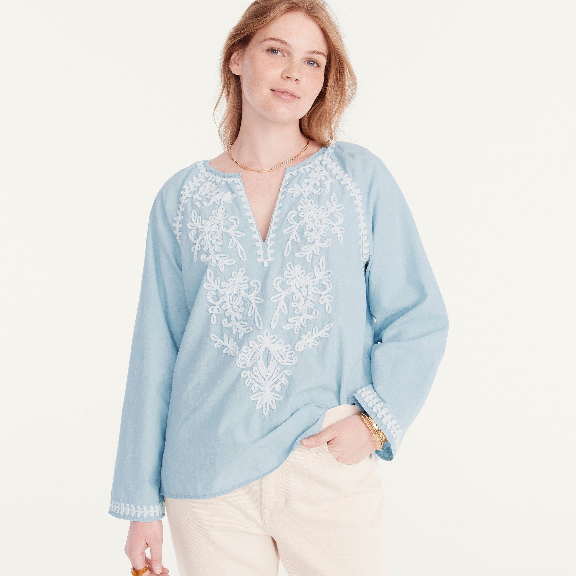 Chambray V-neck top with embroidery | J.Crew US