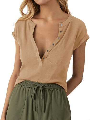 Tankaneo Women Deep V Neck Low Cut Tops Casual Ribbed Knit Henley T-Shirts Summer Short Sleeve Te... | Amazon (US)