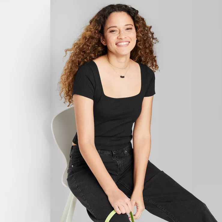 Women's Short Sleeve Rib Fitted Square Neck Baby T-Shirt - Wild Fable™ | Target