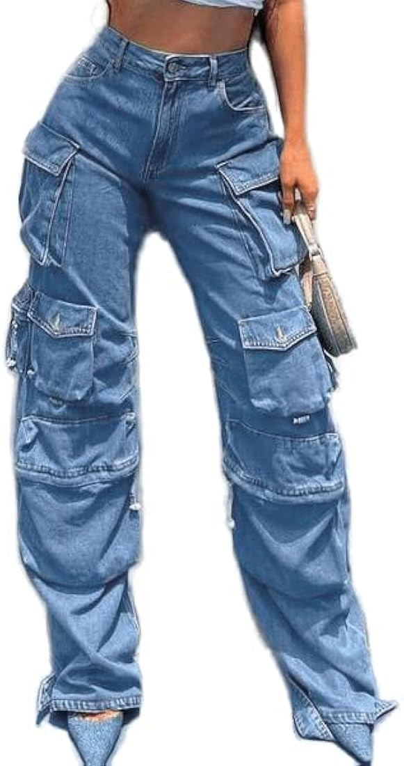 Costaric Womens High Waisted Baggy Cargo Jeans Straight Wide Leg Y2K Cargo Denim Pants with Flap ... | Amazon (US)