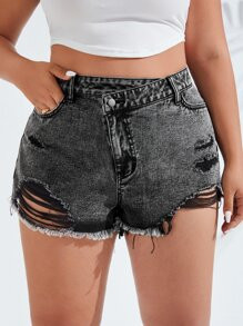 SHEIN Plus Ripped Raw Hem Denim Shorts SKU: sf2212022913954530(6 Reviews)$17.49Make 4 payments of... | SHEIN