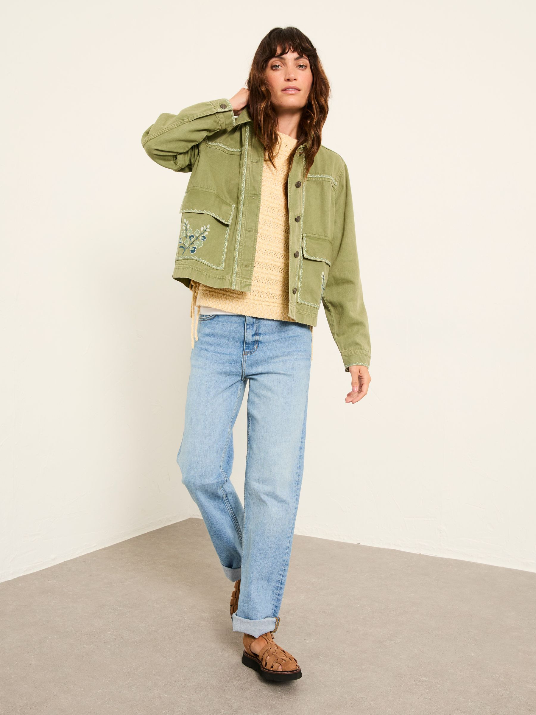 Grace Khaki Green Petite Embroidered Jacket | FatFace | Fat Face