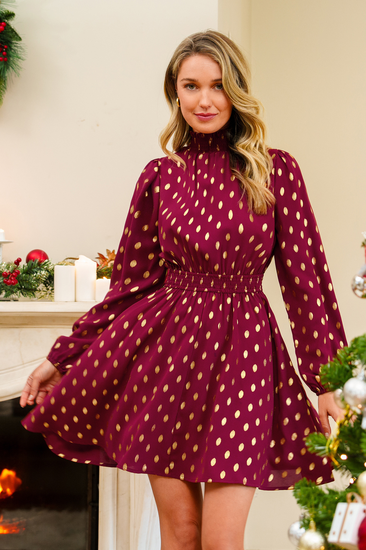 NewRed Dots Standing Collar Long Sleeve Dress | Cupshe US