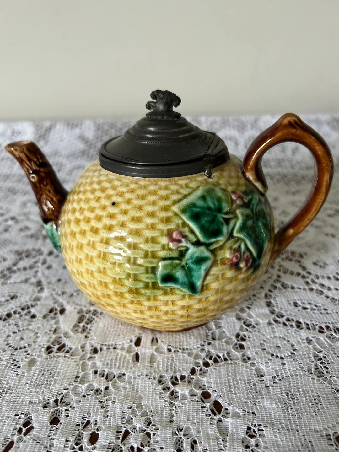 1930s Majolica Teapot Basket-weave Design With Leaves and Metal Lid - Etsy | Etsy (US)