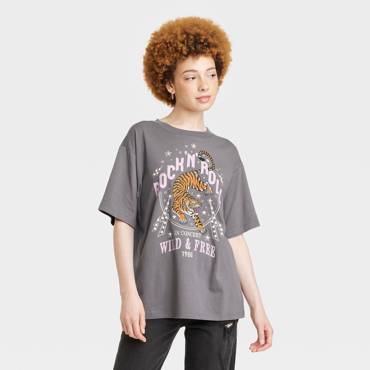 Women's Rock N Roll Short Sleeve Oversized Graphic T-Shirt - Gray | Target