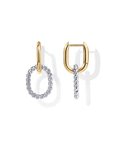 PAVOI 14K Gold Plated Two-Tone Convertible Twisted Rope and Plain Paperclip Link Earrings for Women - Mixed Metals Gold Braided Drop Dangle Huggie Hoop Earrings | Amazon (US)