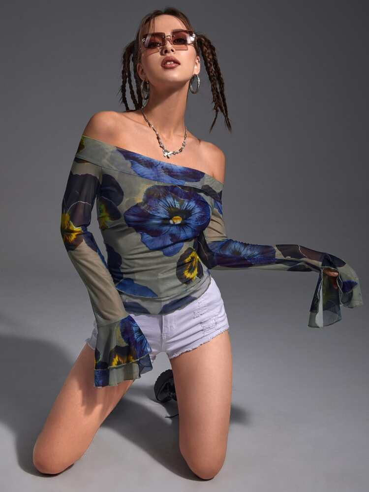 SHEIN ICON Floral Print Off Shoulder Ruffle Trim Top | SHEIN