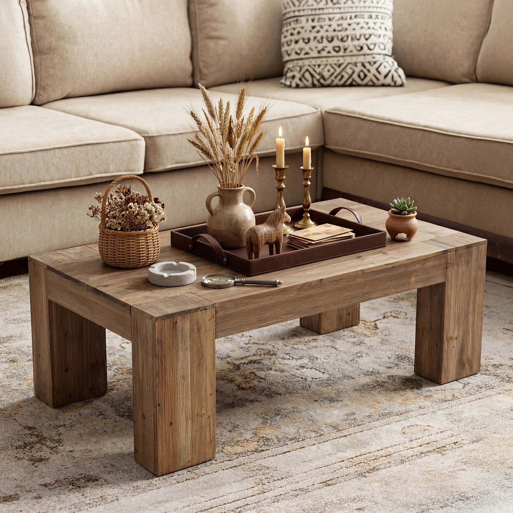 55" Large Solid Wood Coffee Table for Living Room, Farmhouse Center Table with Heavy-Duty Legs | Wayfair North America