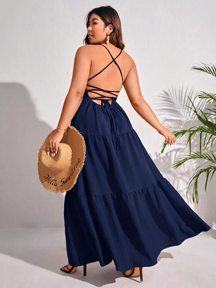 SHEIN VCAY Plus Size Solid Color Simple Cross Strap Belted Dress | SHEIN