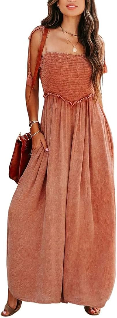 chouyatou Women's Smocked Spaghetti Strap Romper Sleeveless Wide Leg Jumpsuit Pants with Pockets | Amazon (US)