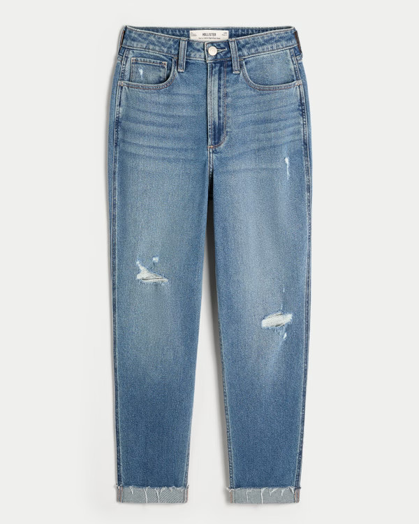 Curvy Ultra High-Rise Ripped Medium Wash Mom Jeans | Hollister (US)