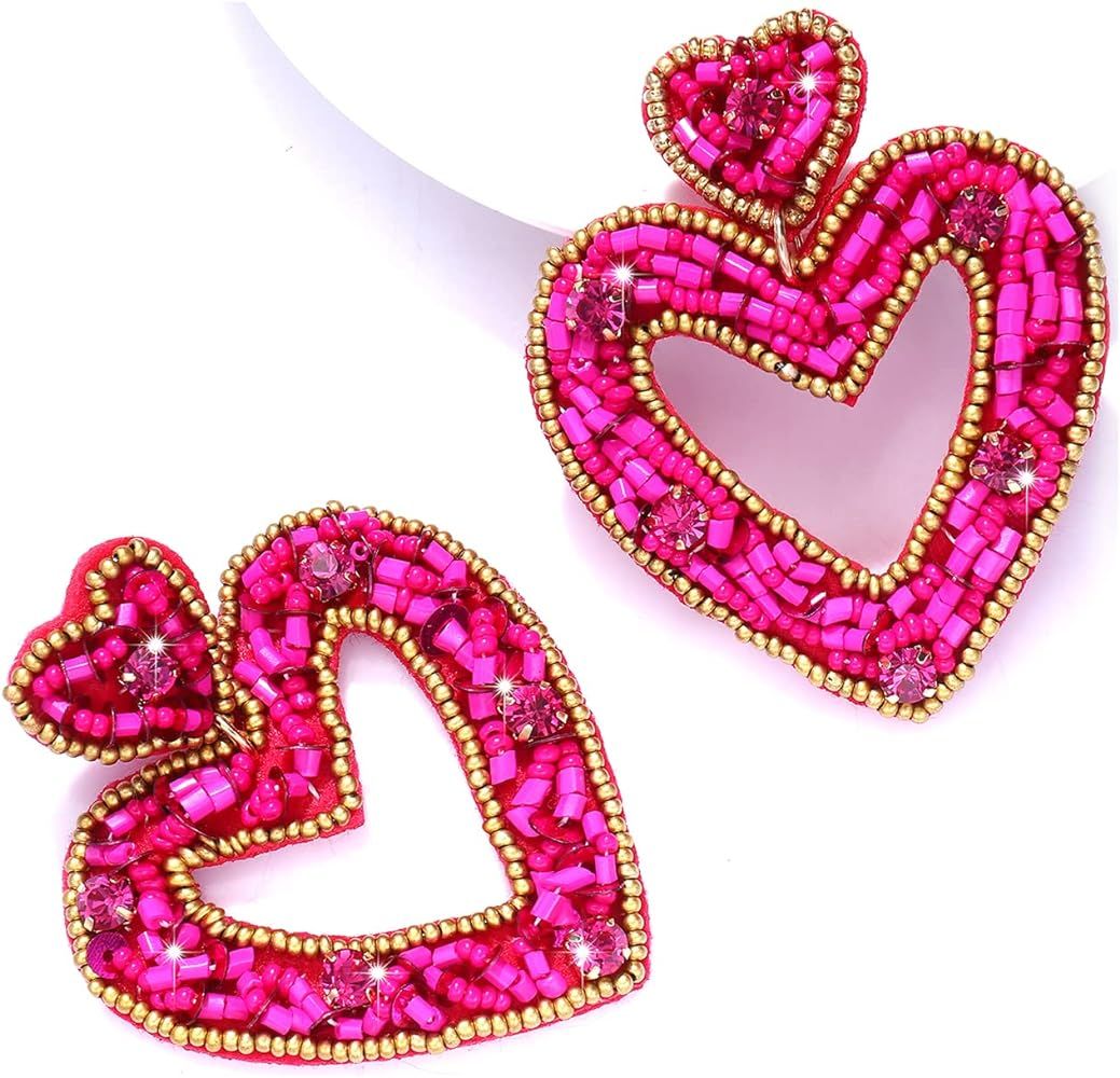 HZEYN Beaded Heart Earrings Statement Seed Bead Heart Hoop Dangle Earrings Festive Valentines Day Ea | Amazon (US)