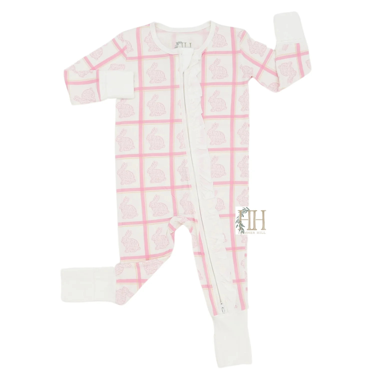 Girls Pink Check Bunny Ruffle Double Zipper Romper | Hamner Hill