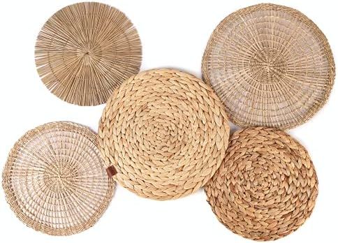 Wall Basket Decor Boho Flat, Set of 5 Hanging Woven Wicker Baskets (11" - 13"), Round Seagrass Ratta | Amazon (US)