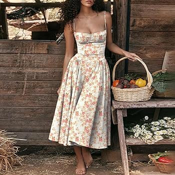 Womens Corset Dress Elegant Spaghetti Strap Bustier Midi Dress Low Cut Flowy Pleated Hem Formal D... | Amazon (US)
