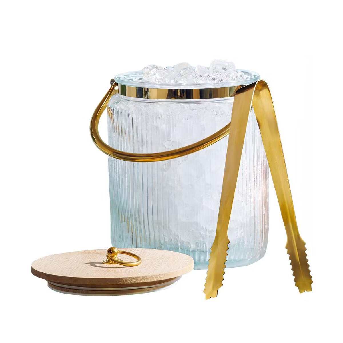 Le'raze Glass Ribbed Beverage Ice Bucket Tub with Airtight Lid, Gold/Bronze Ice Tong Scooper, and... | Target