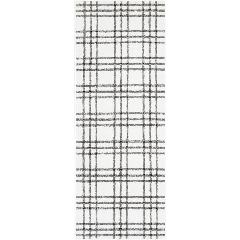My Texas House Finley 2'7" x 7' White Grey Plaid Indoor Runner Rug | Walmart (US)