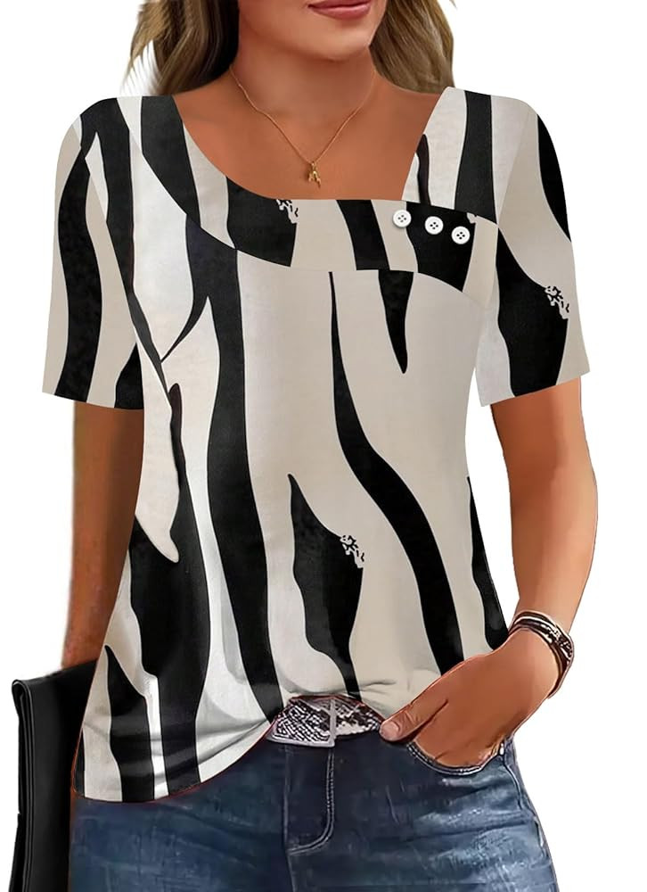 Soesdemo Womens Summer Tops Asymmetrical Neck Short Sleeve Button Dressy Casual Lightweight Tunic... | Amazon (CA)