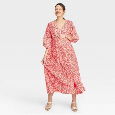 The Nines by HATCH™ Floral Print 3/4 Sleeve Button-Front Poplin Maternity Dress Red | Target