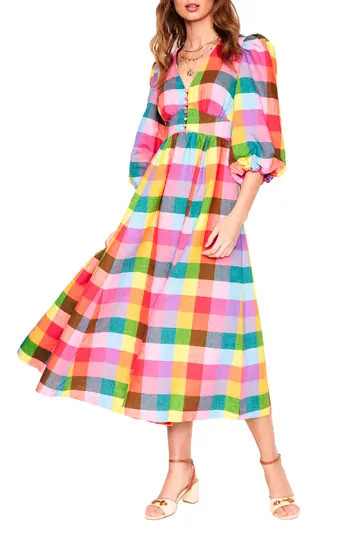 Boden Lola Blouson Linen & Cotton Maxi Dress in Rainbow Multi Gingham at Nordstrom Rack, Size 8 | Nordstrom Rack