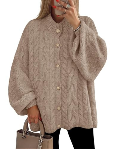 ZESICA Women's Fall 2026 Cardigan Sweaters Long Sleeve Button Down Oversized Soft Knit Winter Coats Trendy Outerwear,Khaki,Large | Amazon (US)