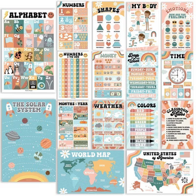 Hadley Designs Retro Boho Laminated Educational Posters for Toddlers (Set of 16) - Classroom Posters | Target