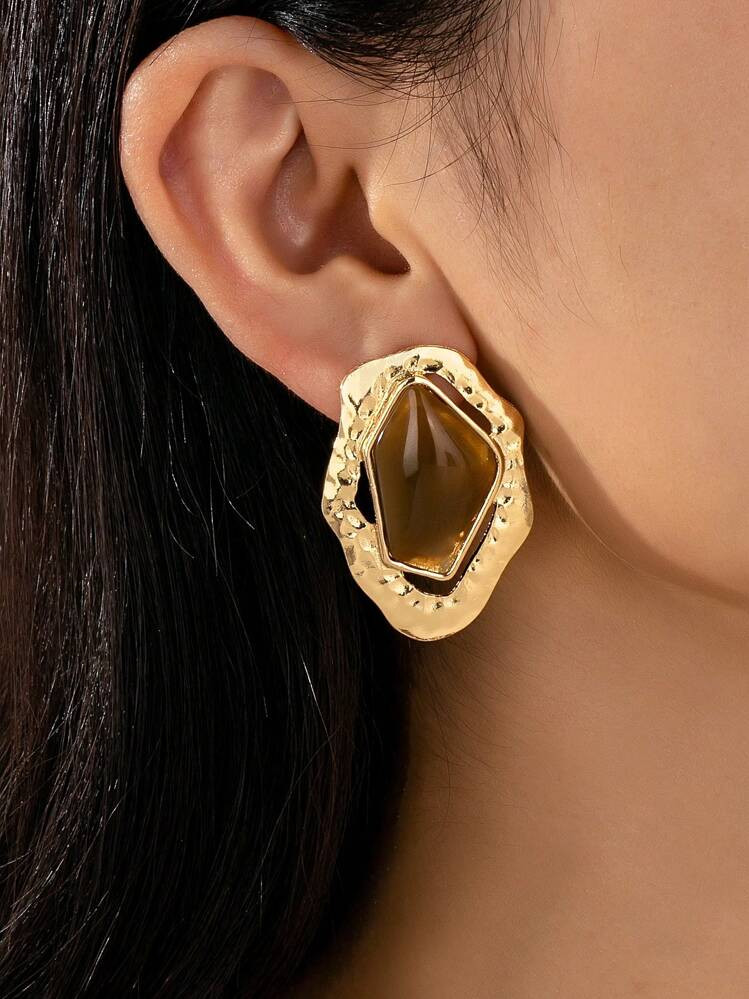 1 Pair Oversized Asymmetrical Geometric Shape Classic Textured Stud Earrings, Versatile For Daily... | SHEIN