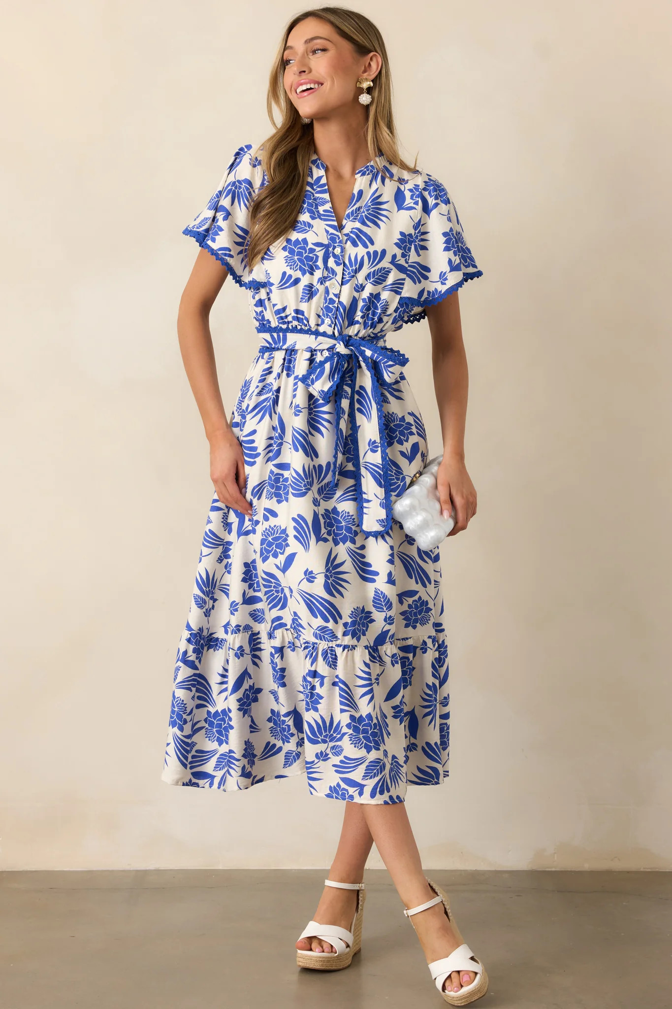 Cruising By Blue Floral Short Sleeve Midi Dress | Red Dress