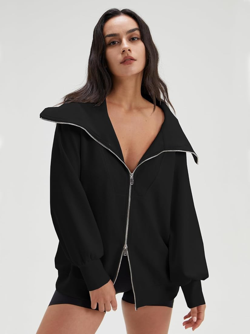 DEEP SELF Women's Full Zip Up Oversized Sweatshirts Long Sleeve Collared Casual Jacket 2023 Fall Tre | Amazon (US)