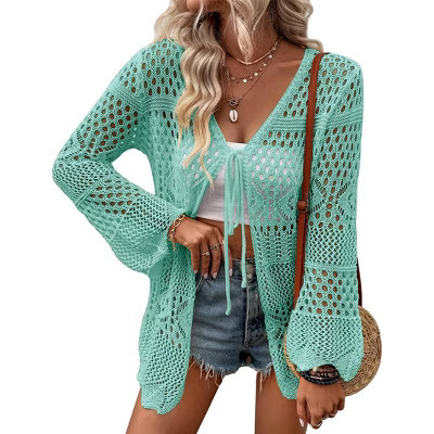 Womens Cardigan Spring Tops Sheer Lightweight Summer Cardigan Beach Cover Up Tops V Neck Lantern Sleeve Sweater Cardigan,Lake Green - Small | Target