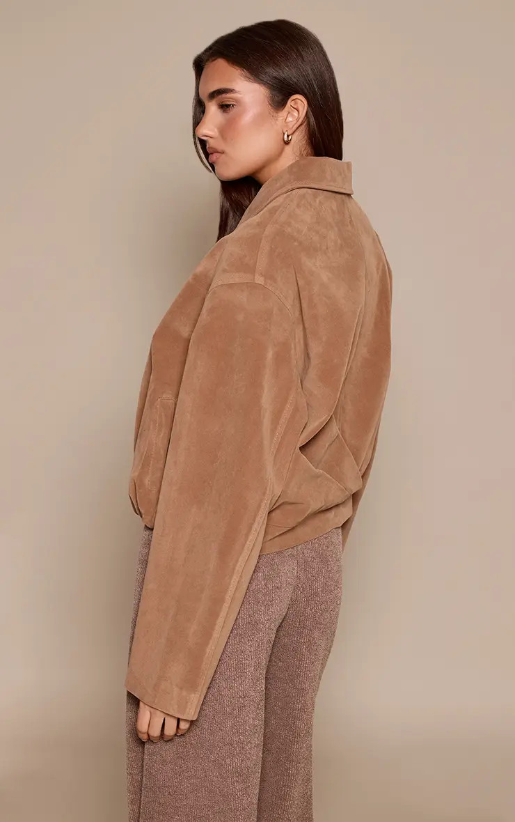 TAN Gathered Hem Zip Up Suede Jacket | PrettyLittleThing UK