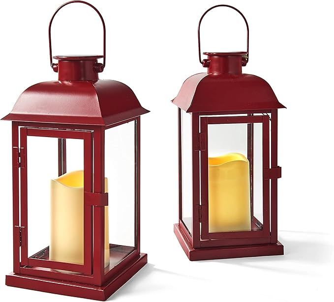 Red Outdoor Lanterns with Solar Candles - 11 Inch Tall, Set of 2, Candle Lantern for Christmas Pa... | Amazon (US)