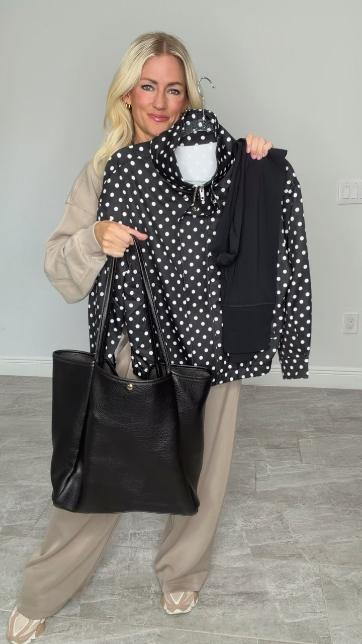 Casual Spring outfit idea from Amazon! Trendy polka dot lightweight jacket is great to throw on over your workout outfit, or to wear as a light layer this Spring! Faux leather tote is soft and great to carry your laptop and other essentials! 

#LTKgrwm #LTKootd