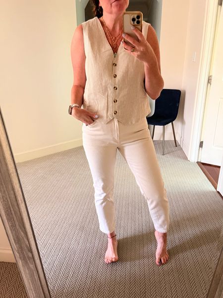 Easy casual summer outfit. Linen vest, cream, white jeans.

#LTKSeasonal #LTKMidsize #LTKWorkwear