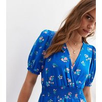 Blue Floral Short Sleeve Mini Wrap Dress New Look | New Look (UK)