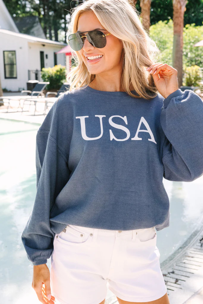 USA Navy Blue Corded Graphic Sweatshirt | The Mint Julep Boutique