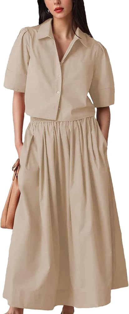 Wanzetaly Womens 2 Piece Outfits Summer Skirt Set Button Short Sleeve Tops and Maxi Skirt Dress S... | Amazon (US)