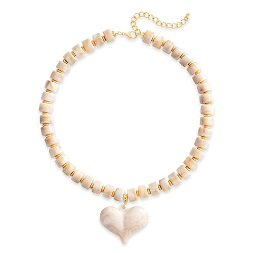 YUJIE Chunky Heart Penadnt Necklace for Women- Exaggerated Statement Puff Heart Necklace with Acrylic Beaded Chain (beige) | Amazon (US)