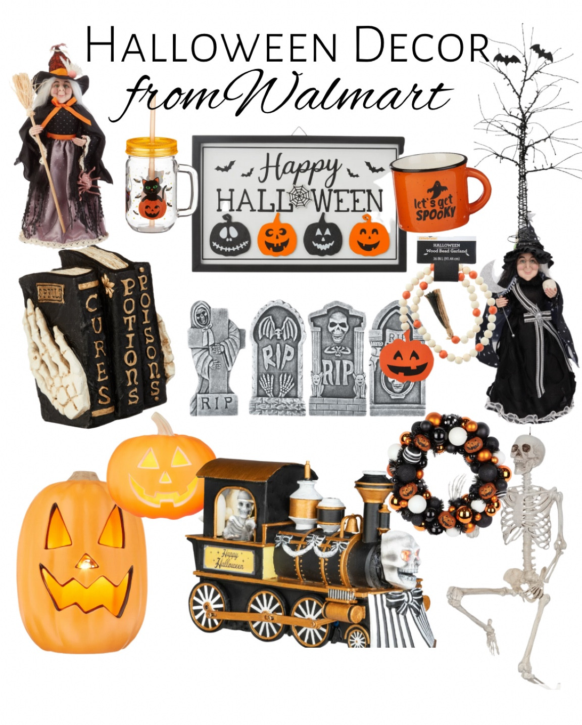 Halloween Decor from Walmart! Pumpkins, witches, skeletons, train, wreath, trees, wall art, coffee mugs, graveyard, spell books 

#LTKhome #LTKHalloween #LTKSeasonal