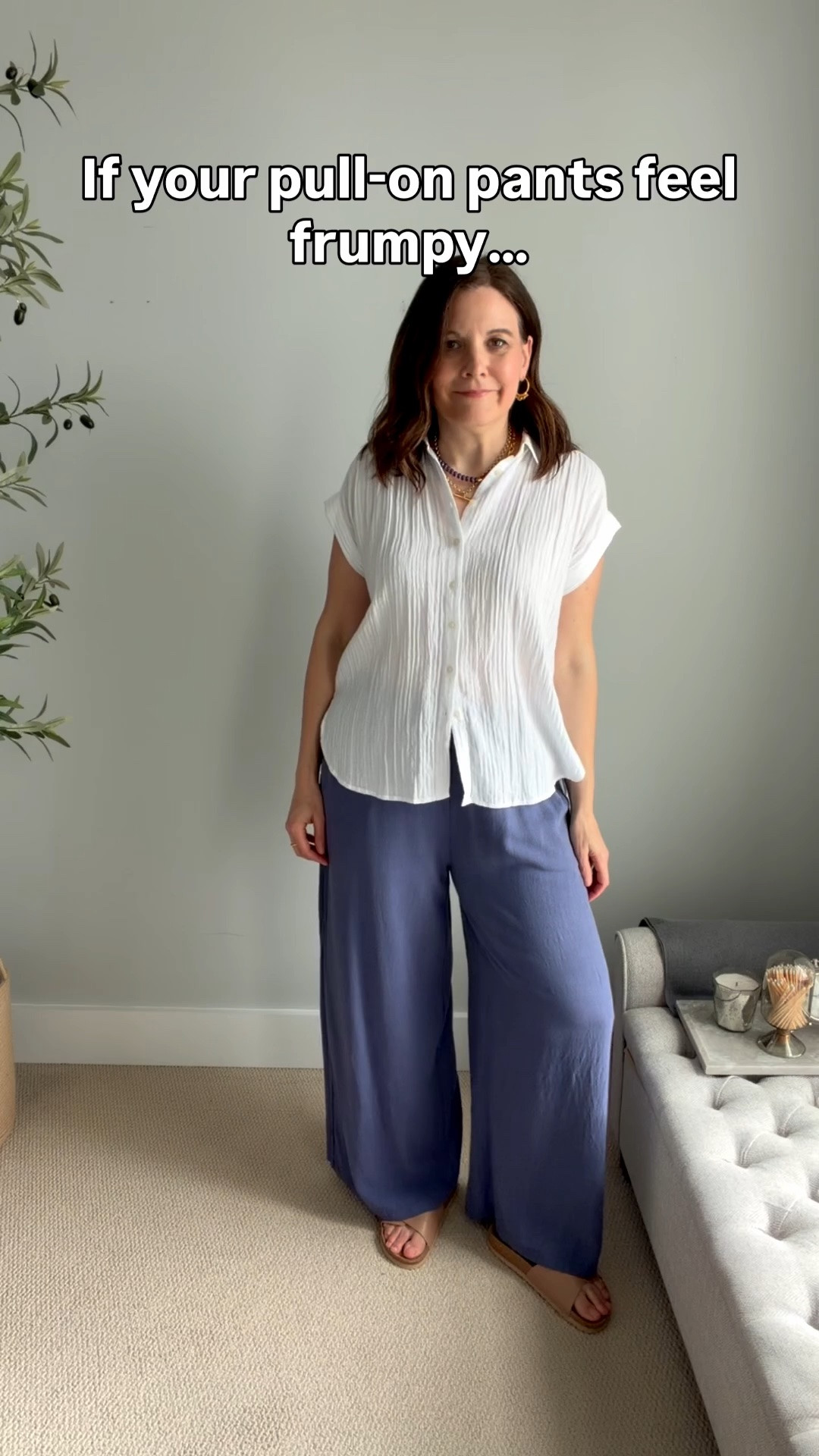 In a recent Story poll, 39% of you said pull on or linen pants feel frumpy. Another 37% struggle with tops to wear with them, and 56% said belly and midsection fit is the hardest part.

These Amazon pants surprised me. The elastic drawstring waist sits above my belly button, at a narrower part of my waist, instead of cutting across the widest part of my midsection.

4 styling ideas:

1. Tuck in your shirt
This crinkled gauze dolman shirt from LOFT is long in the back, so tucking isn’t the obvious choice. But adding waist definition plus the vertical crinkled texture changed the whole look. This shirt fits big, I sized down to an XS.
2. Try a shorter shirt that ends around the hip bone
This linen popover from Quince has a collar and vertical line down the center, drawing the eye up and down. The straighter shape works well untucked. This shirt fits tts, I’m in a Medium. 
3. Add a short sweater with a banded hem
The sweater material feels more polished, and the puff sleeves plus chunky necklaces draw the eye up toward the face. (I folded the sweater band under once to shorten it.) This sweater fits tts, I’m in a Medium. 
4. Try a side tuck
A side tuck creates a more relaxed vibe and shows a touch of waistline if a full tuck doesn’t feel right.  I wear a small in this LOFT crewneck blouse (tts). 

I wear a large in these Amazon pants (sized up), they were snug in the rear.

#LTKOver40 #LTKMidsize #LTKSaleAlert