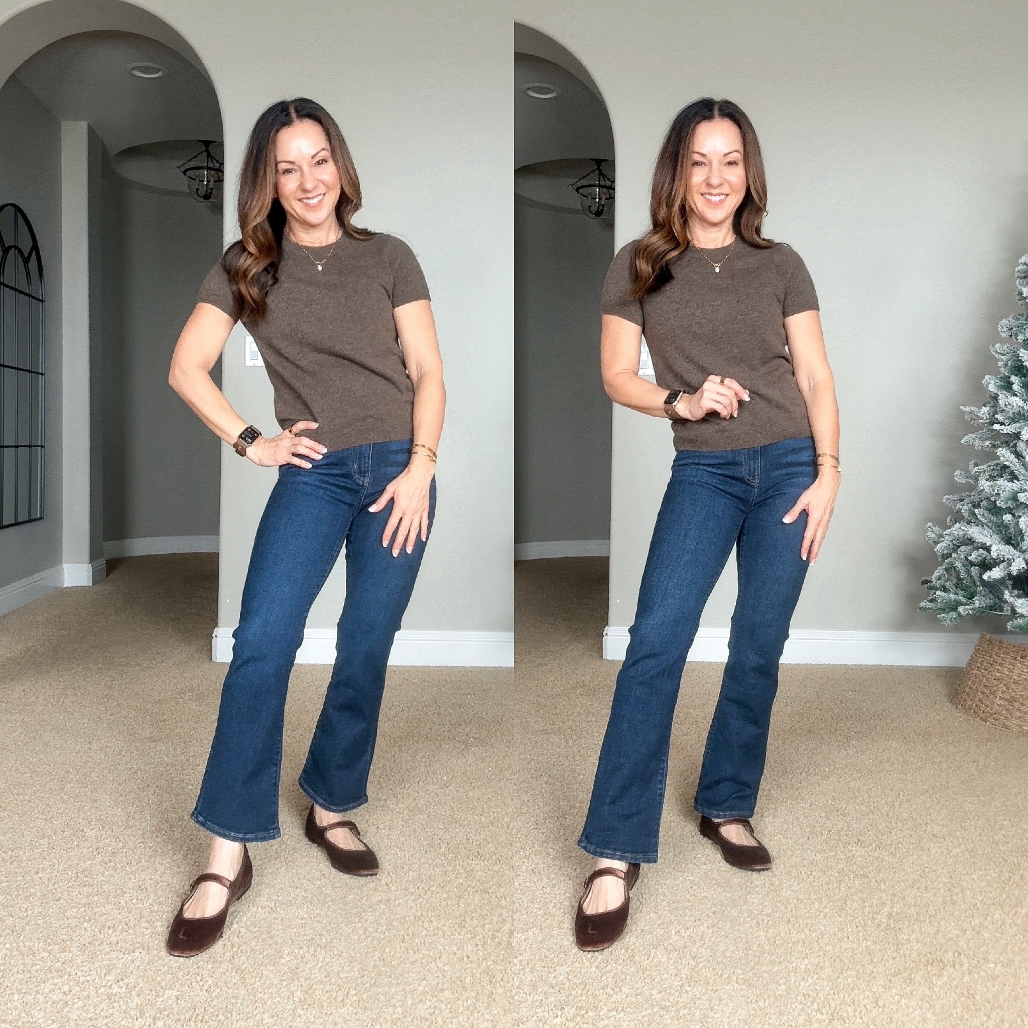 Kick Flare Jeans in 2 lengths. For reference I’m 5‘1“, 110 LBS. I’m wearing size 25” in both the 26” and 28 inch lengths color midnight blue. Also wearing the cutest little short sleeve crewneck cashmere sweater in size XS. It feels so dreamy! It’s a closet staple!
@onequince #quincepartner 

#LTKPetite #LTKFindsUnder50 #LTKOver40
