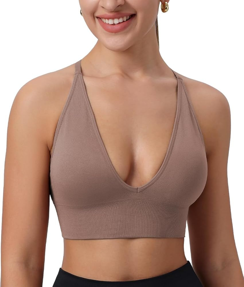 Womens Deep V-Neck Longline Sports Bra, Strappy Criss Cross Padded Cups Adjustable Spaghetti Stra... | Amazon (US)