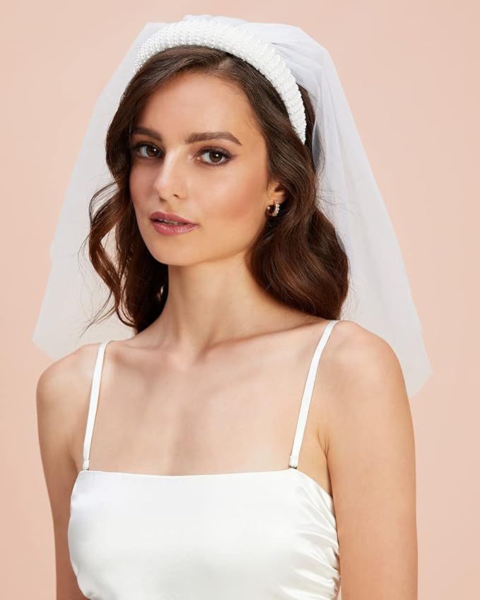 Amazon.com : xo, Fetti Bachelorette Party Decorations Pearl Headband with Detachable Veil | White... | Amazon (US)
