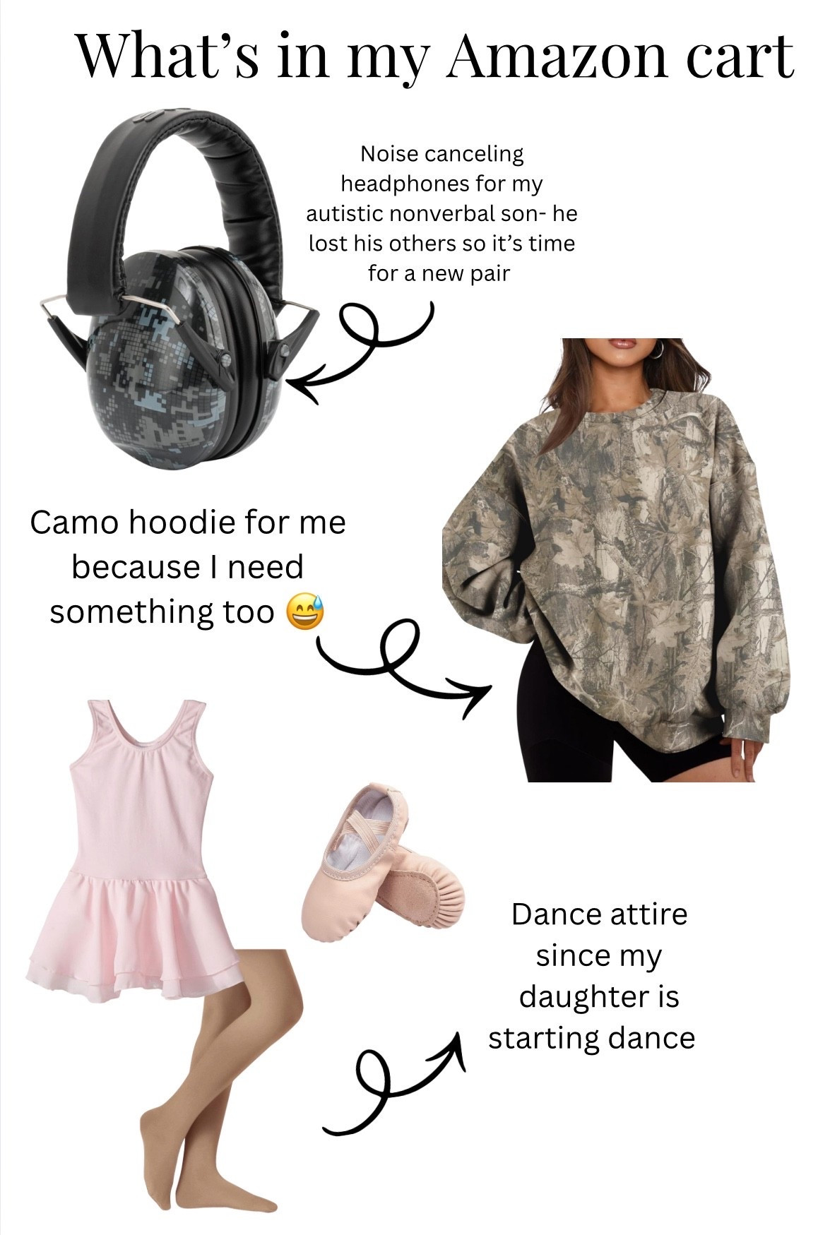 Random things currently  in my Amazon cart 
Noise canceling headphones, camo sweatshirt, leotard, dance shoes 

#LTKmomlife #LTKdayinmylife #LTKKids