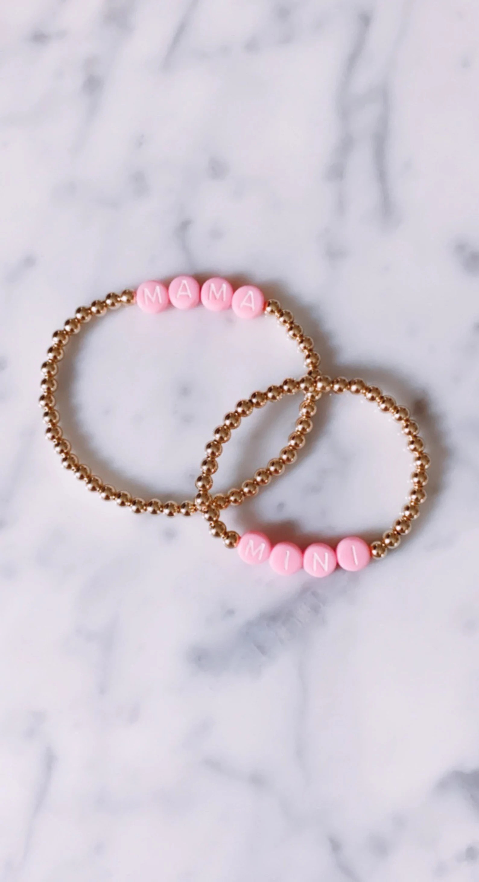 Mama & Mini pink/gold bracelet set // 14k gold filled beaded stretch bracelet | Etsy (US)