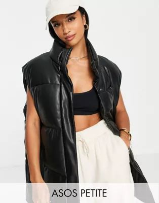 ASOS DESIGN Petite faux leather puffer vest in black | ASOS (Global)