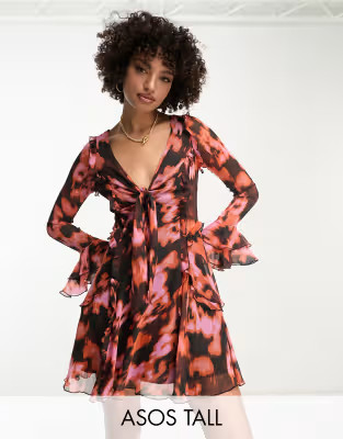 ASOS DESIGN Tall ruffle tie front plunge mini dress with frill sleeves in burnt orange lava print | ASOS (Global)