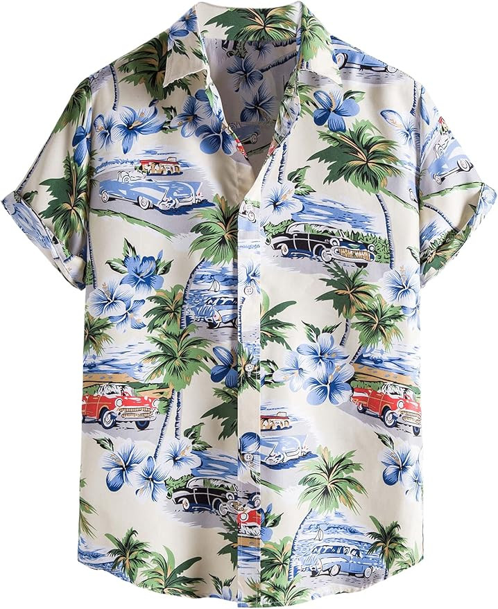 Romwe Men's Hawaiian Shirt Tropical Print Short Sleeve Button Down Shirt Top | Amazon (US)