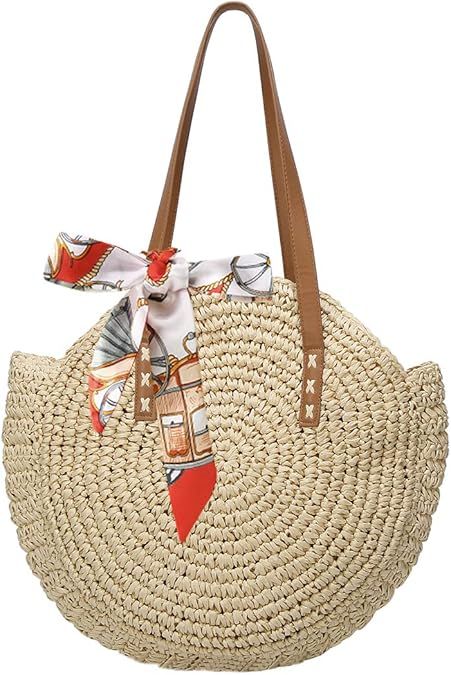 Women's Straw Handbags Large Summer Beach Tote Woven Round Pompom Handle Purse Shoulder Bag Vocat... | Amazon (US)